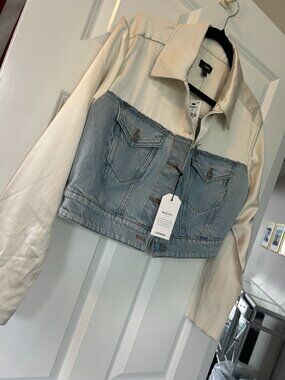 nwt EXPRESS $120 MIXED SATIN DENIM cropped boxy jean jacket s